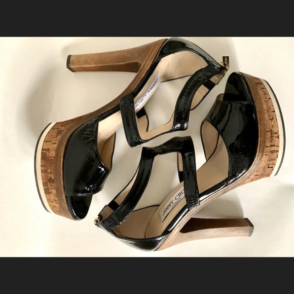 JIMMY CHOO Patent Leather Wood Platform Heels - Picture 3 of 6